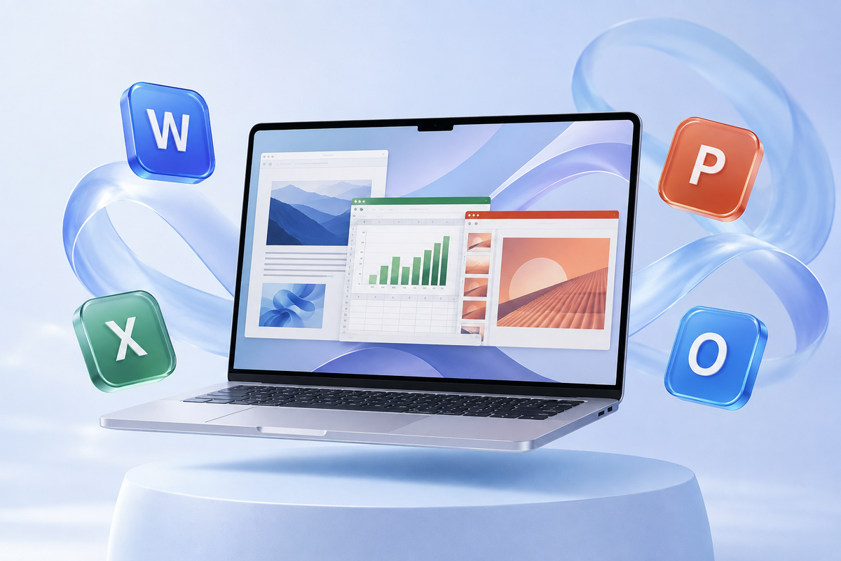 MacBook mit kreativen Dokumenten und farbigen Symbolen für Word, Excel, PowerPoint und Outlook